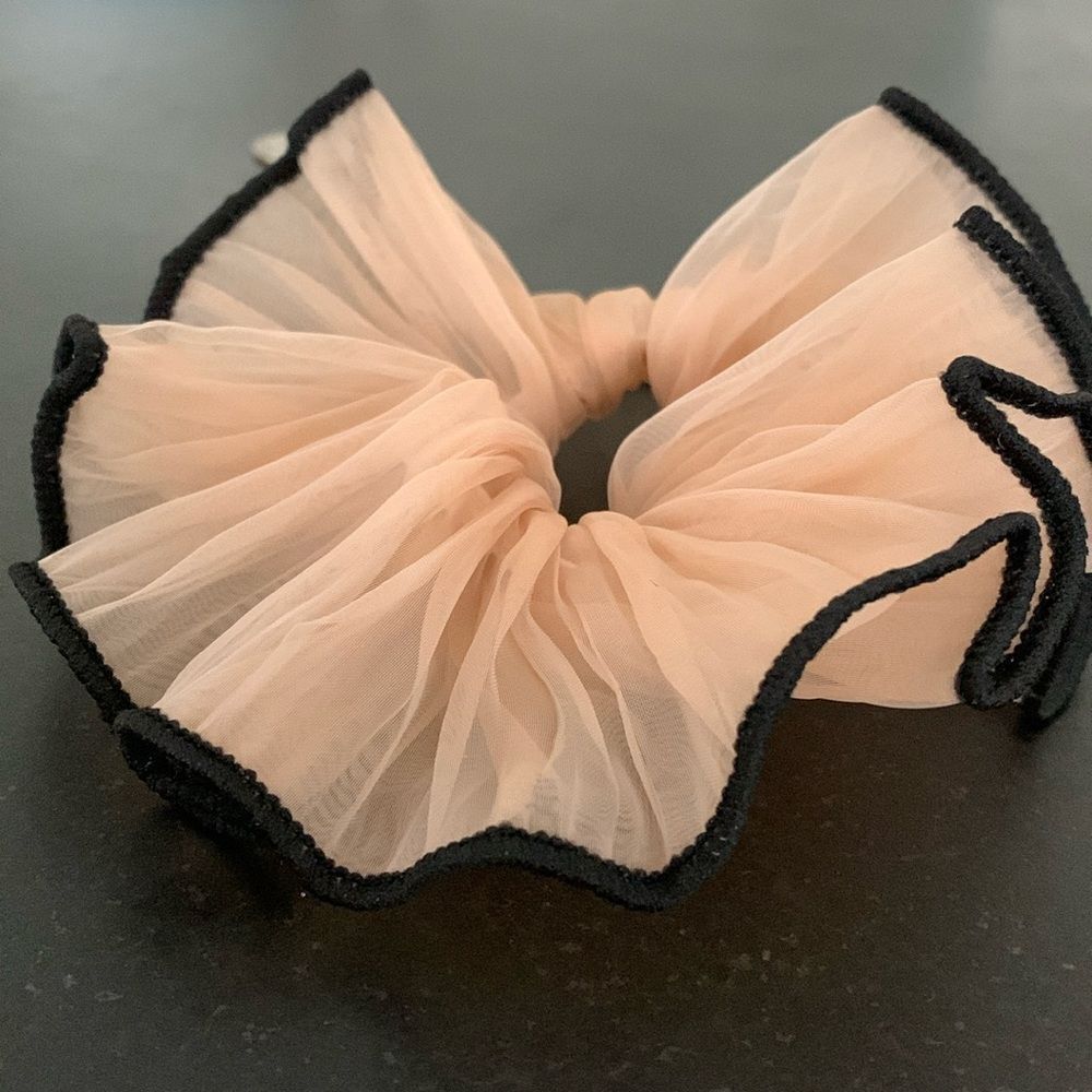 Oversized Organza Scrunchie with Ruffle Edge in Sheer Almond